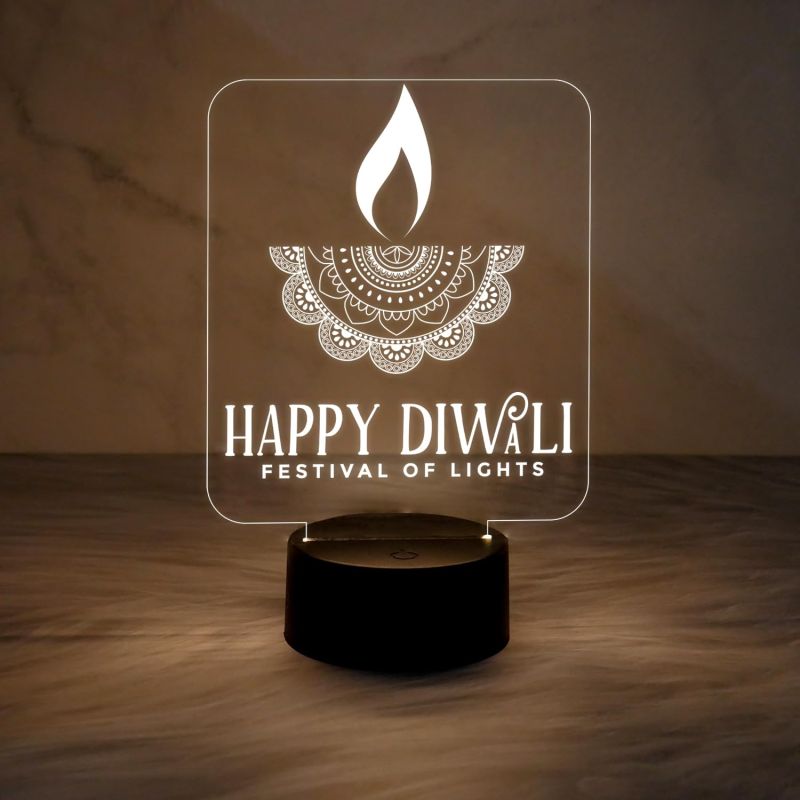 Happy Diwali Festival of Light Engraved Desk Table Light with Warm White Light & USB Powered