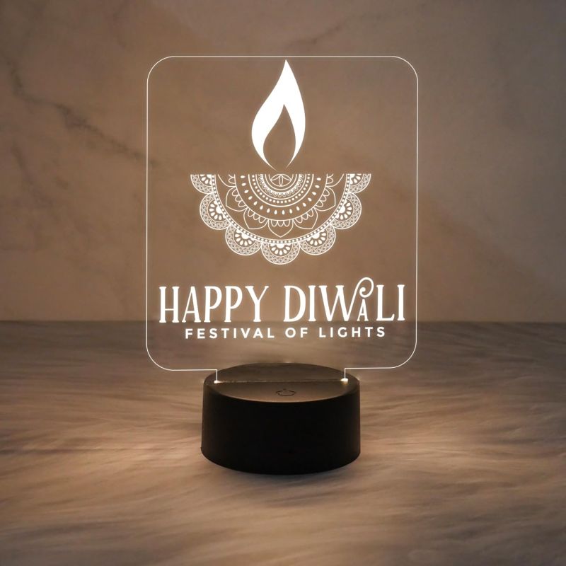 Happy Diwali Festival of Light Engraved Desk Table Light with Warm White Light & USB Powered