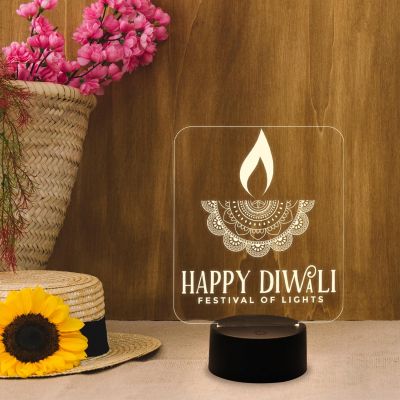 Happy Diwali Festival of Light Engraved Desk Table Light with Warm White Light & USB Powered