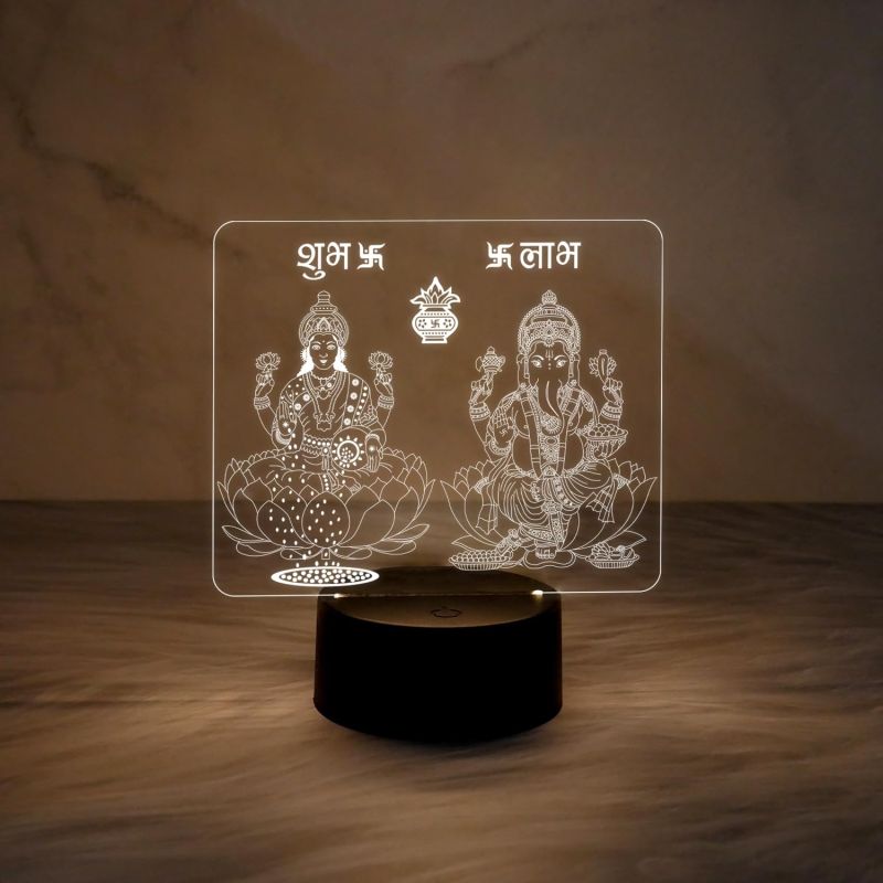 3D Illusion Lord Ganesha & Goddess Laxmi Night Lamp with Warm White Light & On/Off Touch Button | Diwali Pooja Led Lamp