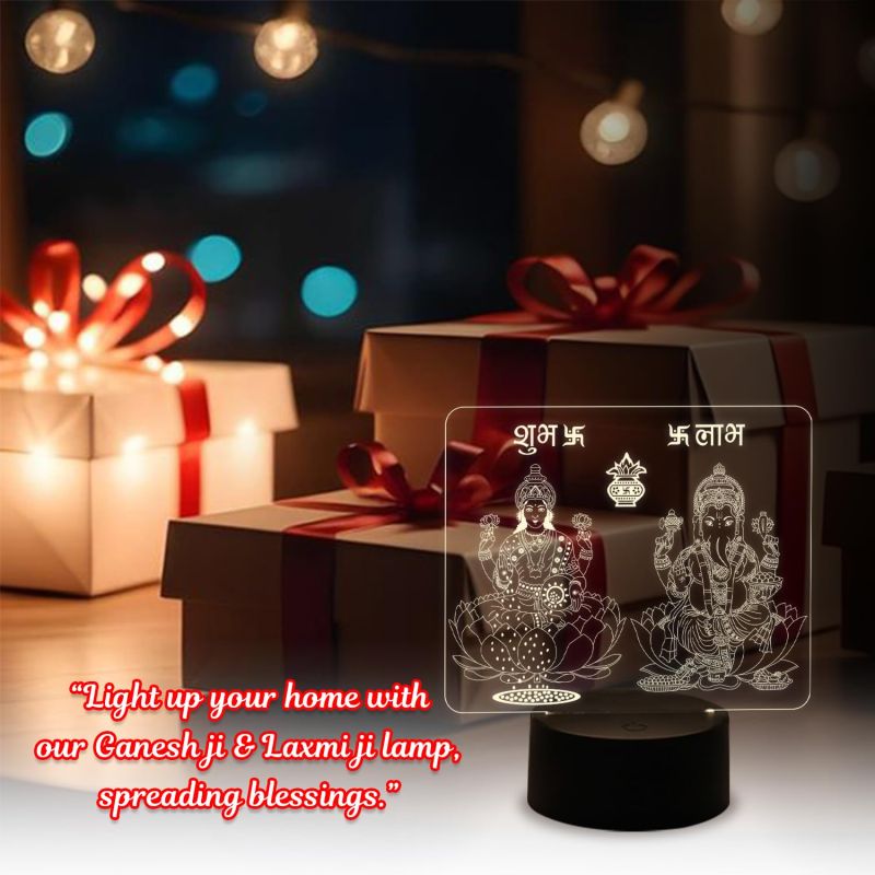 3D Illusion Lord Ganesha & Goddess Laxmi Night Lamp with Warm White Light & On/Off Touch Button | Diwali Pooja Led Lamp