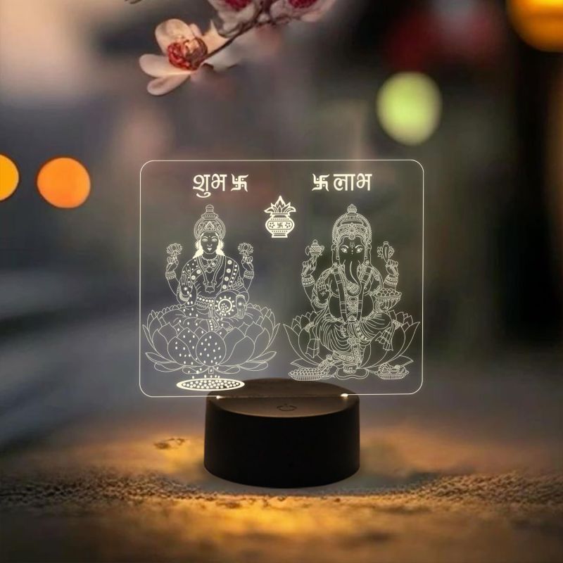 3D Illusion Lord Ganesha & Goddess Laxmi Night Lamp with Warm White Light & On/Off Touch Button | Diwali Pooja Led Lamp