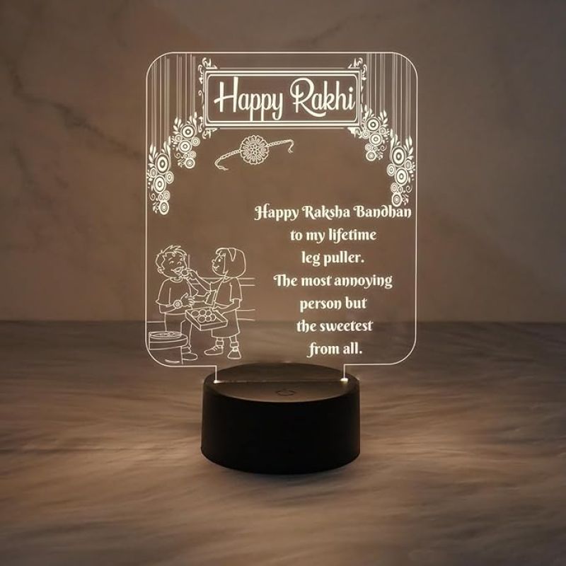 Happy Raksha Bandhan Acrylic Desk Table Lamp Gift for Sister & Brother | Rakhi Gift for Sister | Warm White Light & USB Power Cable | On/Off Touch Button