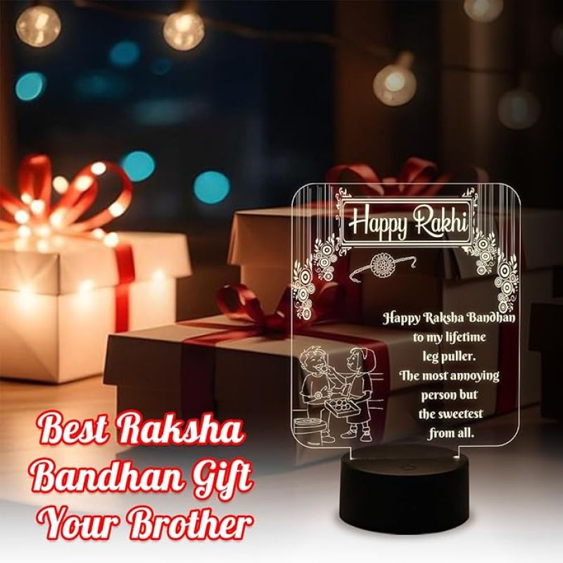 Happy Raksha Bandhan Acrylic Desk Table Lamp Gift for Sister & Brother | Rakhi Gift for Sister | Warm White Light & USB Power Cable | On/Off Touch Button