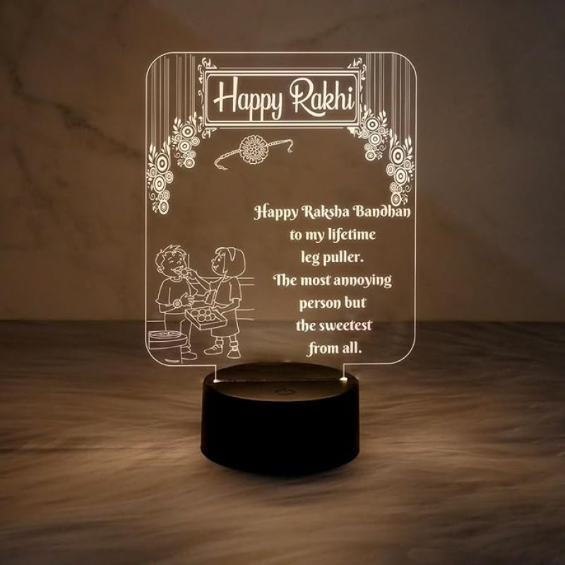 Happy Raksha Bandhan Acrylic Desk Table Lamp Gift for Sister & Brother | Rakhi Gift for Sister | Warm White Light & USB Power Cable | On/Off Touch Button