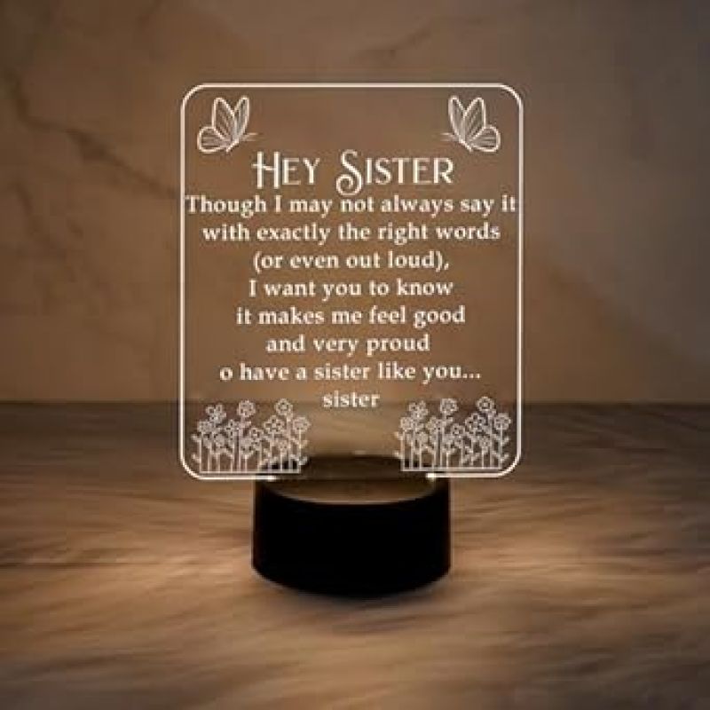 Hey Sister Acrylic Night Lamp with Warm White & On/Off Touch Button Light Gifts for Sister on Birthday | Sisters Gifts from Brother | Engraved Night Lamp