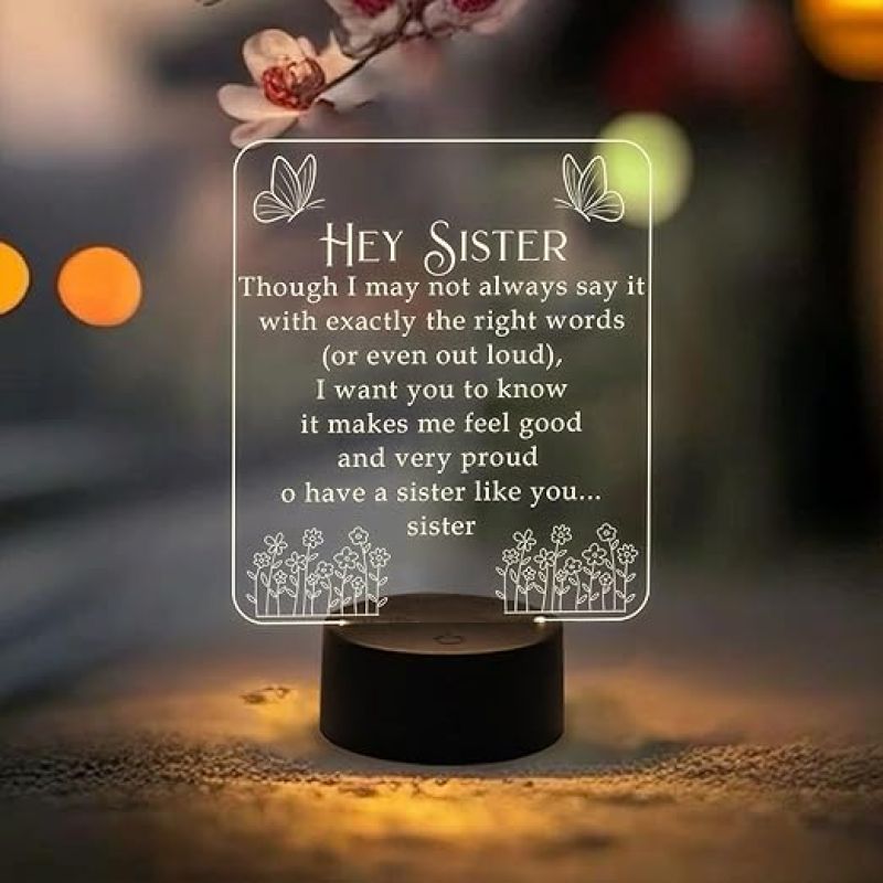 Hey Sister Acrylic Night Lamp with Warm White & On/Off Touch Button Light Gifts for Sister on Birthday | Sisters Gifts from Brother | Engraved Night Lamp