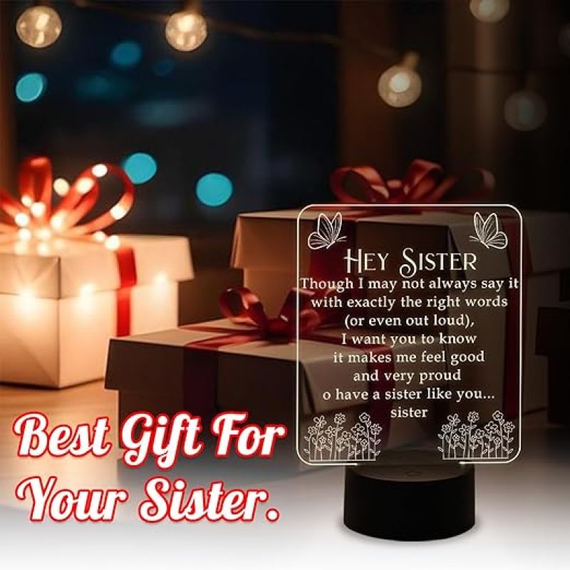 Hey Sister Acrylic Night Lamp with Warm White & On/Off Touch Button Light Gifts for Sister on Birthday | Sisters Gifts from Brother | Engraved Night Lamp