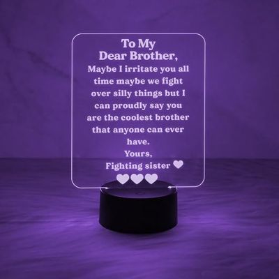 to My Dear Brother Engraved Quote Night Lamp with Automatic Color Changing Light | Express Your Love for Bhai | Birthday Gift Bhai from Sister | Best Gift for Brother