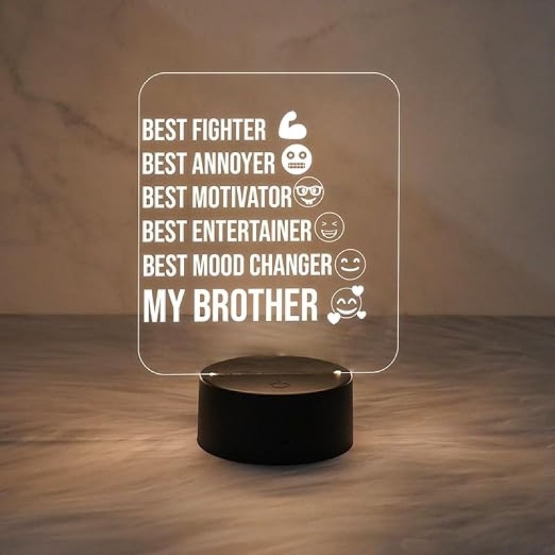 Gift of Brother Engraved Acrylic Night Light with USB & Warm White Light Birthday Gift for Brother Best Fighter Best Entertainer Night Lamp Gift for Bhai