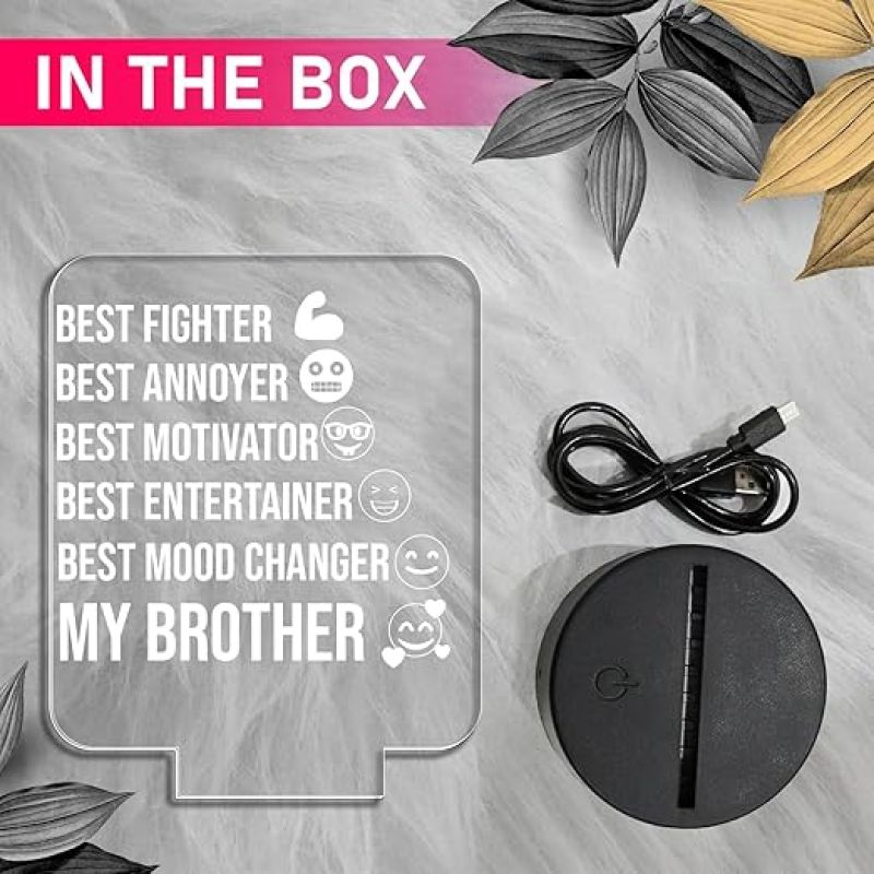 Gift of Brother Engraved Acrylic Night Light with USB & Warm White Light Birthday Gift for Brother Best Fighter Best Entertainer Night Lamp Gift for Bhai