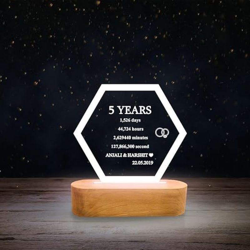 Personalized Couple Name & Special Date Engraved Night Lamp with Cool White Light | Gift for 5th Anniversary