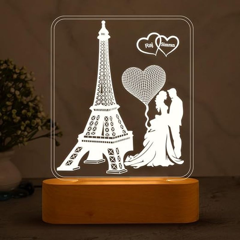 3D Illusion Eiffel Design Lamp Personalized with Couple Name & Cool White Light | Gift for Anniversary | Gift for Husband Wife | Bedroom Decor Light