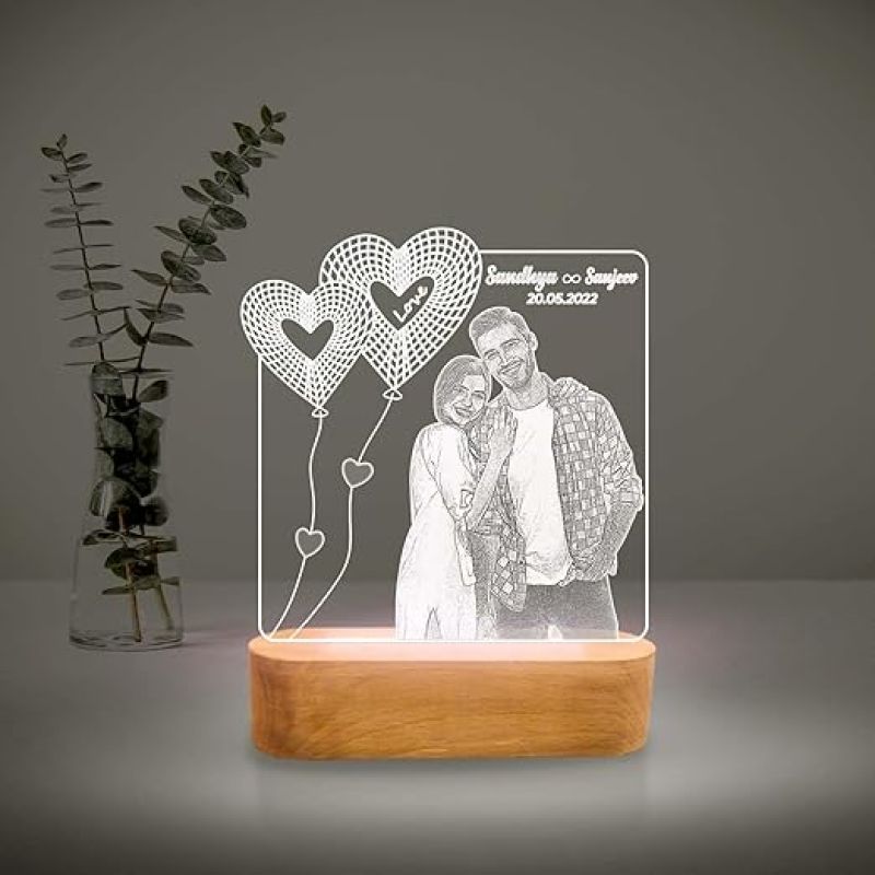 Personalized Photo Engraved Night Lamp with Cool White Light | Gift for Newly Married Couple | Birthday Gift for Wife Husband Couple Gift