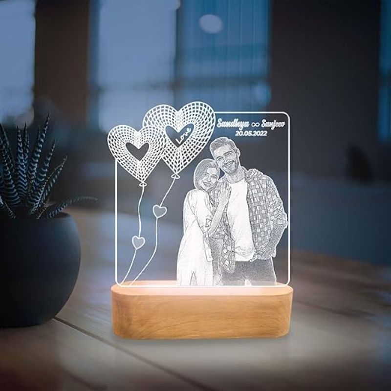 Personalized Photo Engraved Night Lamp with Cool White Light | Gift for Newly Married Couple | Birthday Gift for Wife Husband Couple Gift