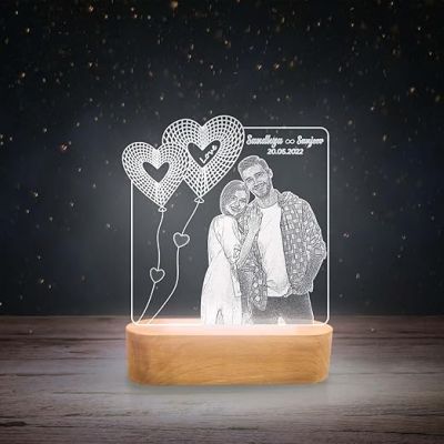 Personalized Photo Engraved Night Lamp with Cool White Light | Gift for Newly Married Couple | Birthday Gift for Wife Husband Couple Gift