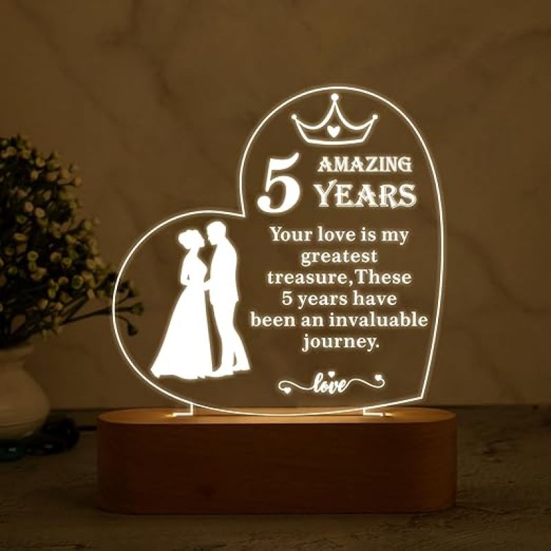 5th Anniversary Quote Engraved Night Lamp with Warm White Light | Personalized Gift for Wife | Gift for 5th Anniversary