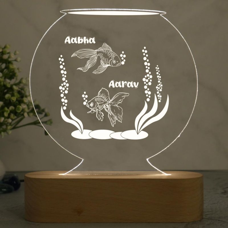 Personalized Name Led Lamp with Cool White Light 3D Illusion Night Lamp Fish Aquarium Showpiece for Home Decoration | Gift for Couple | Living Room Office Table Decor