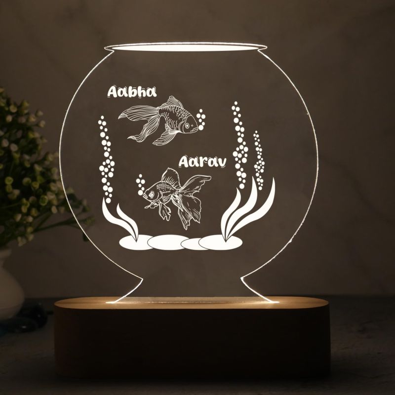 Personalized Name Led Lamp with Cool White Light 3D Illusion Night Lamp Fish Aquarium Showpiece for Home Decoration | Gift for Couple | Living Room Office Table Decor