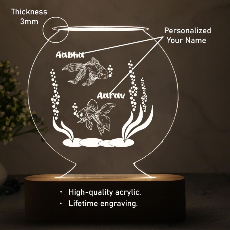 Personalized Name Led Lamp with Cool White Light 3D Illusion Night Lamp Fish Aquarium Showpiece for Home Decoration | Gift for Couple | Living Room Office Table Decor