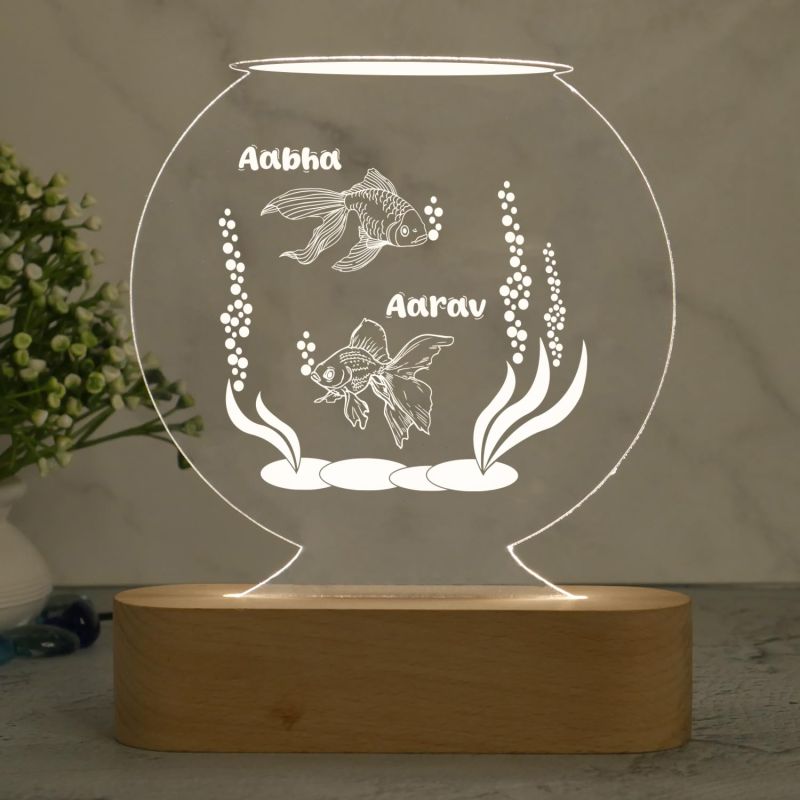 Personalized Name Led Lamp with Cool White Light 3D Illusion Night Lamp Fish Aquarium Showpiece for Home Decoration | Gift for Couple | Living Room Office Table Decor