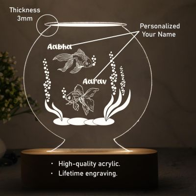 Personalized Name Led Lamp with Cool White Light 3D Illusion Night Lamp Fish Aquarium Showpiece for Home Decoration | Gift for Couple | Living Room Office Table Decor