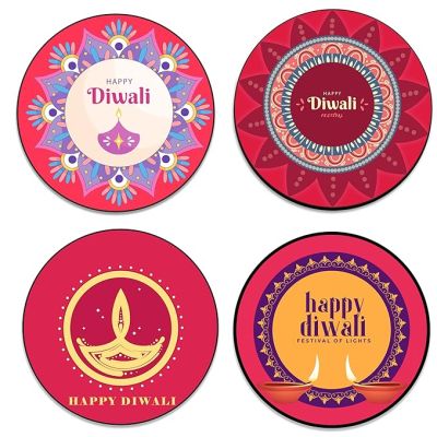 Happy Diwali Printed Wooden Coaster Set of 4 | Home & Office Desk Table Decor Coaste