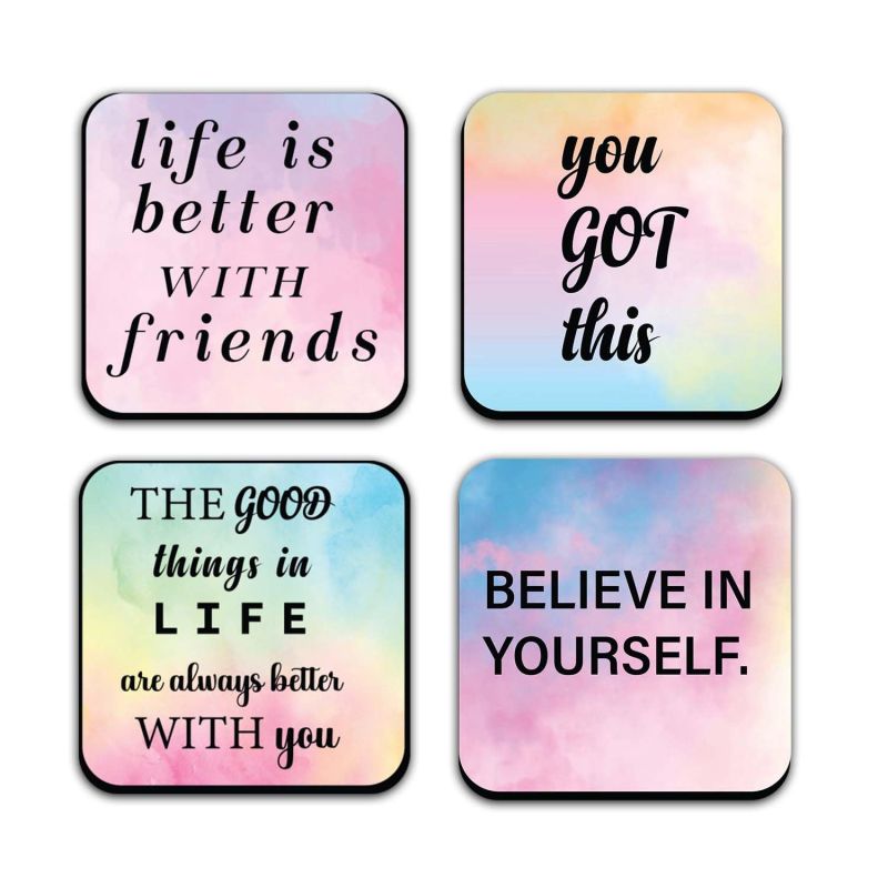 Coaster Set of 4 Motivational Wooden Coasters | Coaster Set Fit for Tea Cups, Coffee Mugs and Glasses | Motivational Inspired Printed Coasters