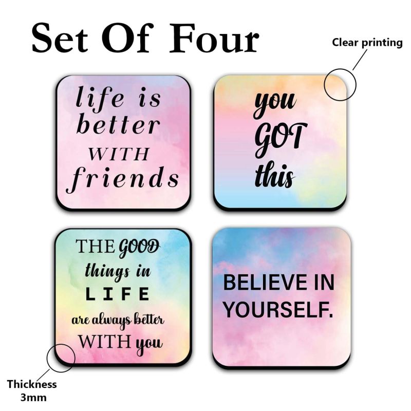 Coaster Set of 4 Motivational Wooden Coasters | Coaster Set Fit for Tea Cups, Coffee Mugs and Glasses | Motivational Inspired Printed Coasters