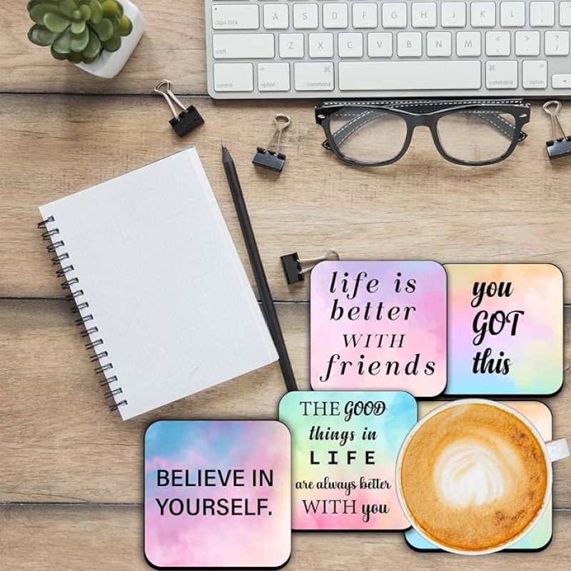 Coaster Set of 4 Motivational Wooden Coasters | Coaster Set Fit for Tea Cups, Coffee Mugs and Glasses | Motivational Inspired Printed Coasters