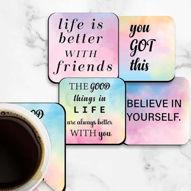 Coaster Set of 4 Motivational Wooden Coasters | Coaster Set Fit for Tea Cups, Coffee Mugs and Glasses | Motivational Inspired Printed Coasters