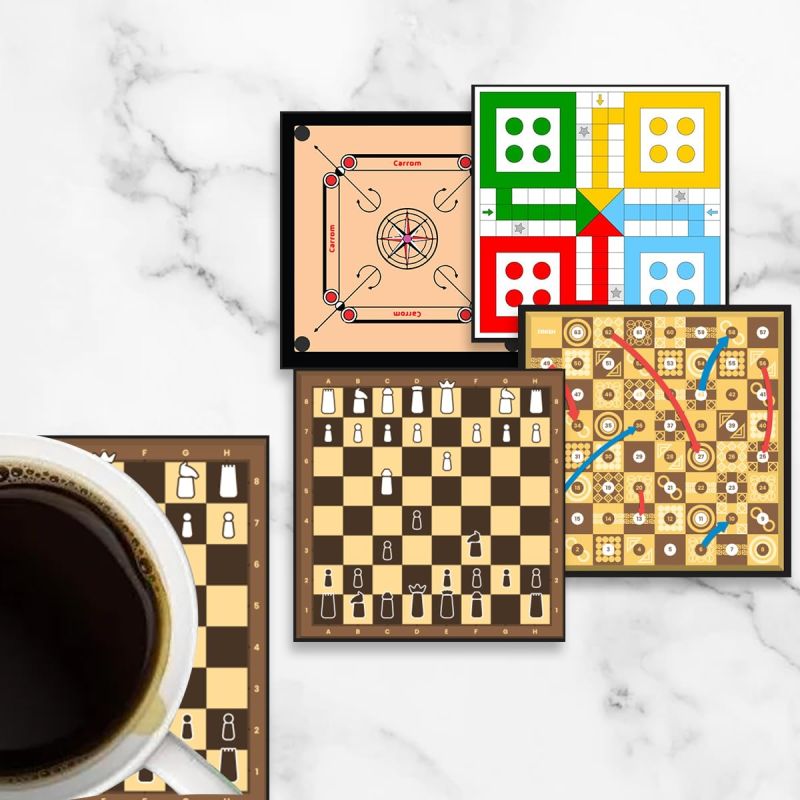 Ludo Game Printed Coaster Set of 4 for Tea Cups, Coffee Mugs & Glasses | Home and Office Wooden Coaster | Dining Table Printed Coaster