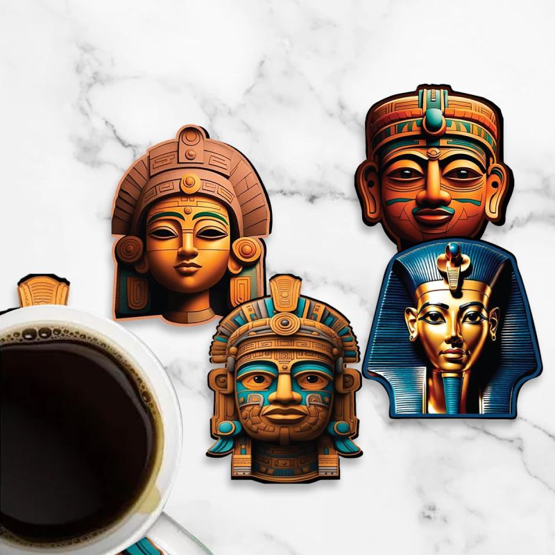 Pack of 4 Wooden Coaster Mayan Art Theme Design | Coasters Fit for Tea Cups, Coffee Mugs and Glasses, Home Decor