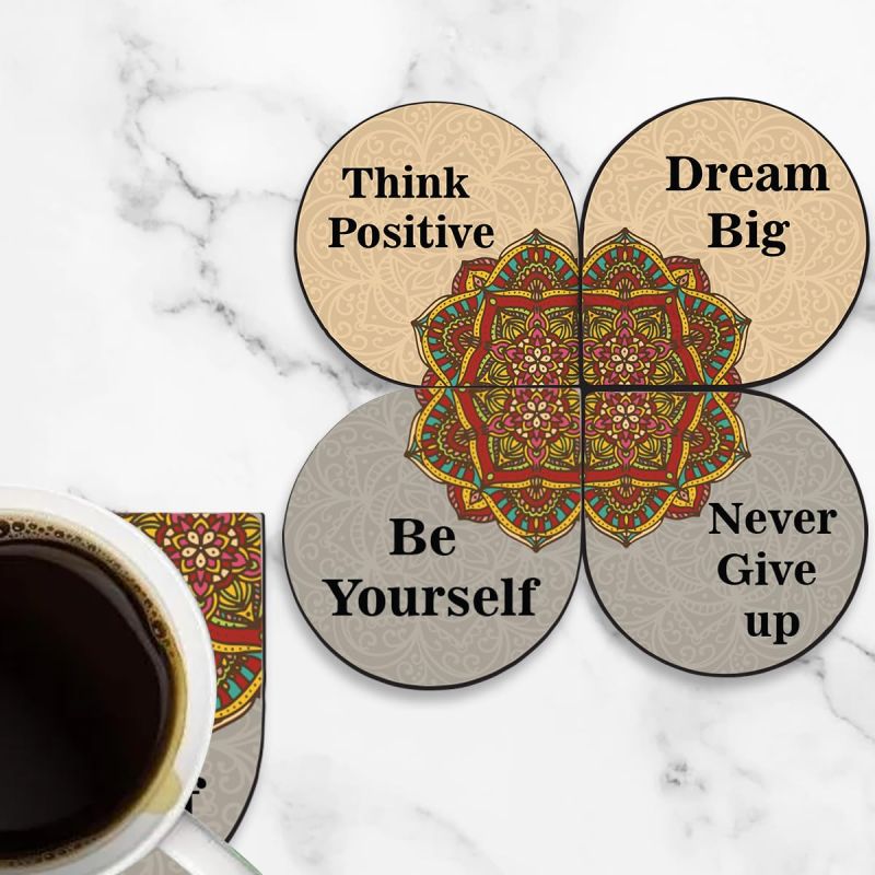 Wooden Printed Coaster Set of 4 for Tea Cups, Coffee Mugs and Glasses | Motivational Coaster with Mandala Art Design