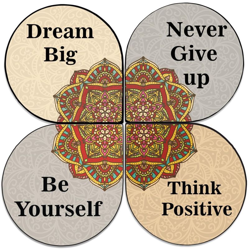 Wooden Printed Coaster Set of 4 for Tea Cups, Coffee Mugs and Glasses | Motivational Coaster with Mandala Art Design