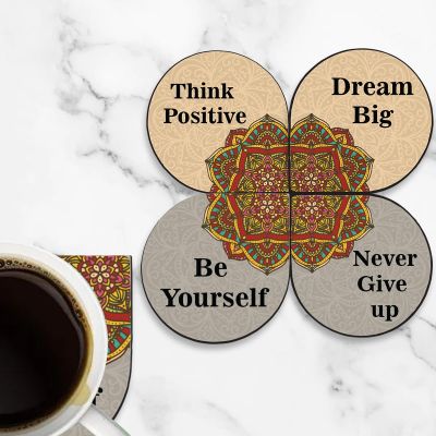 Wooden Printed Coaster Set of 4 for Tea Cups, Coffee Mugs and Glasses | Motivational Coaster with Mandala Art Design