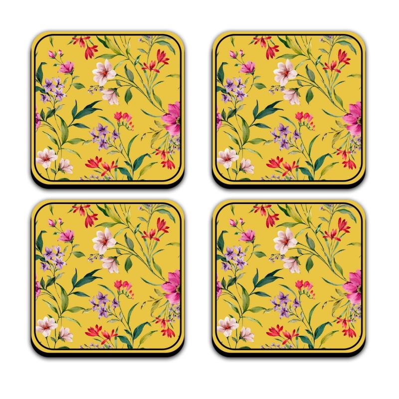 Set of 4 Flower Design Printed Coaster for Tea Cups, Coffee Mugs and Glasses | Home Decor Tabletop Protection Coaster | Office Table Decor | Kitchen & Dining Table Decoration