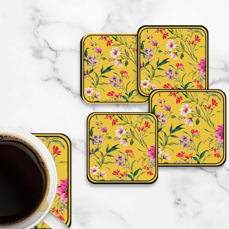 Set of 4 Flower Design Printed Coaster for Tea Cups, Coffee Mugs and Glasses | Home Decor Tabletop Protection Coaster | Office Table Decor | Kitchen & Dining Table Decoration