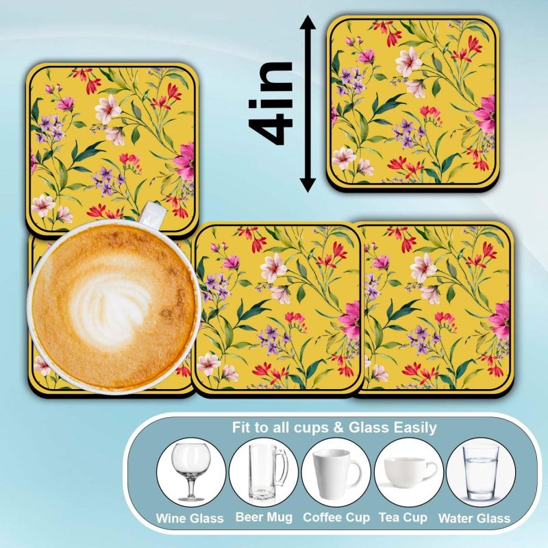 Set of 4 Flower Design Printed Coaster for Tea Cups, Coffee Mugs and Glasses | Home Decor Tabletop Protection Coaster | Office Table Decor | Kitchen & Dining Table Decoration