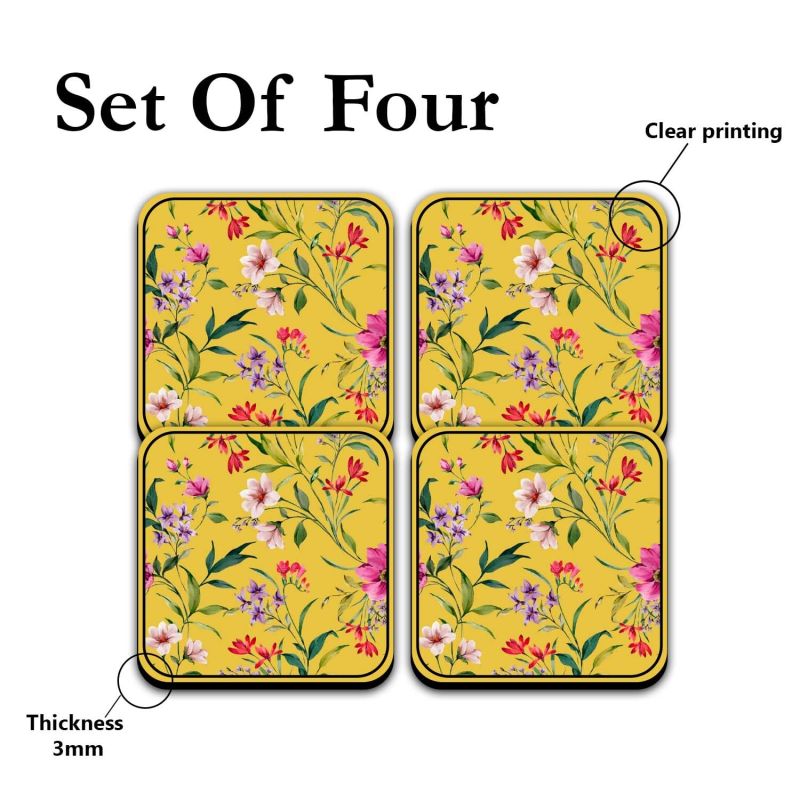 Set of 4 Flower Design Printed Coaster for Tea Cups, Coffee Mugs and Glasses | Home Decor Tabletop Protection Coaster | Office Table Decor | Kitchen & Dining Table Decoration