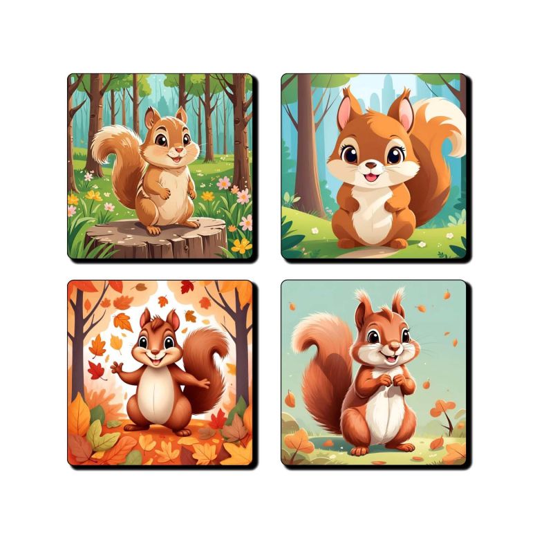 Squirrel Wooden Coaster Cute Animals Printed Coaster Set for Tea Cups Coffee Mugs Beer Cans Bar and Water Glasses