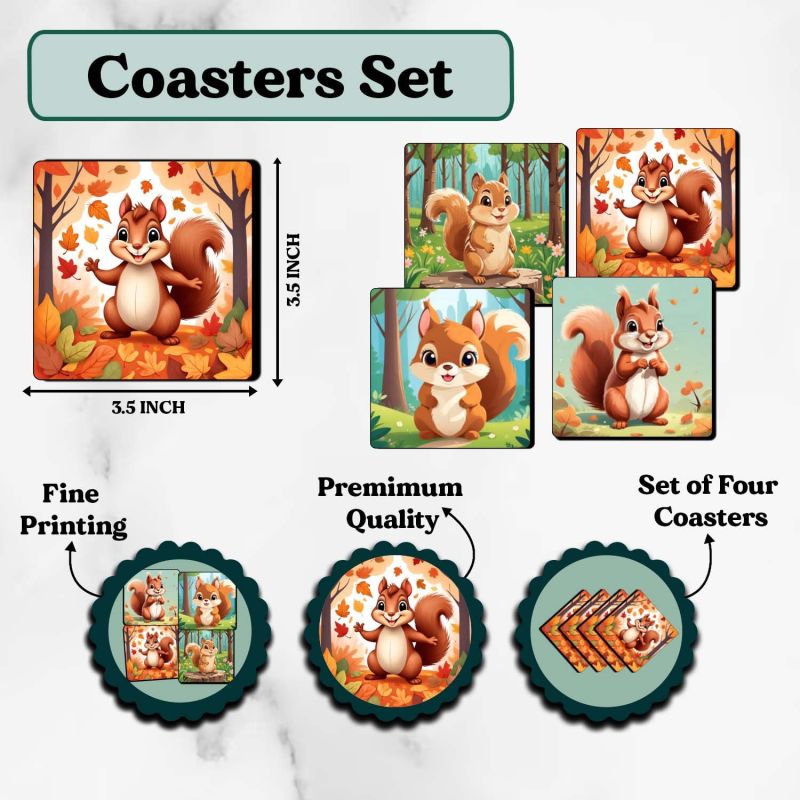 Squirrel Wooden Coaster Cute Animals Printed Coaster Set for Tea Cups Coffee Mugs Beer Cans Bar and Water Glasses