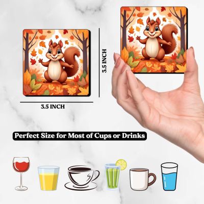 Squirrel Wooden Coaster Cute Animals Printed Coaster Set for Tea Cups Coffee Mugs Beer Cans Bar and Water Glasses