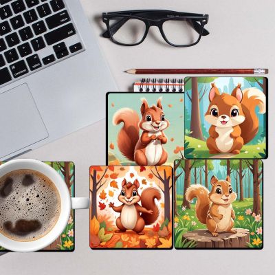 Squirrel Wooden Coaster Cute Animals Printed Coaster Set for Tea Cups Coffee Mugs Beer Cans Bar and Water Glasses