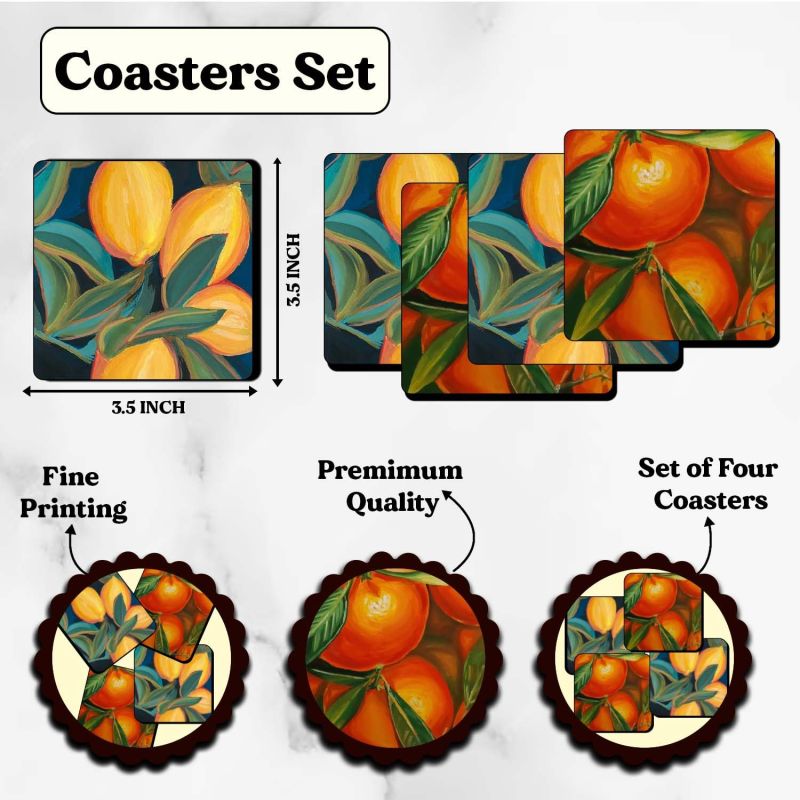 Set of 4 Oranges & Lemon Printed Wooden Coasters Set fit for Tea Cups, Coffee Mugs and Glasses