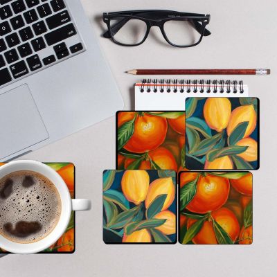 Set of 4 Oranges & Lemon Printed Wooden Coasters Set fit for Tea Cups, Coffee Mugs and Glasses