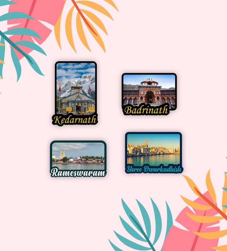 4 Dham Fridge Magnet | Rameshwaram | Badrinath | Kedarnath | Dwarka Fridge Magnet | Religious Gift | Home Office & Temple Decor Stickers (combo)