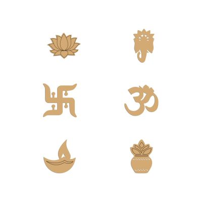 Pack of 2 Wooden MDF Swastik Kalash Lotus Diya Om Ganesha Cutout for Home Decor Festive Diwali Decor | Cutout for Art & Craft (2 Pcs Each)