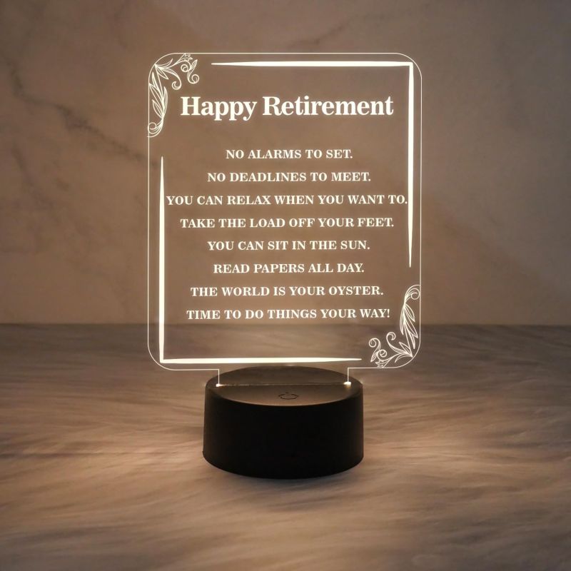 Happy Retirement Engraved Night Lamp with Warm White Light & On/Off Touch Button | Retirement Gift for Men & Women