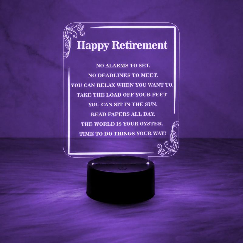 Happy Retirement Engraved Night Lamp with Automatic Color Changing Light & On/Off Touch Button